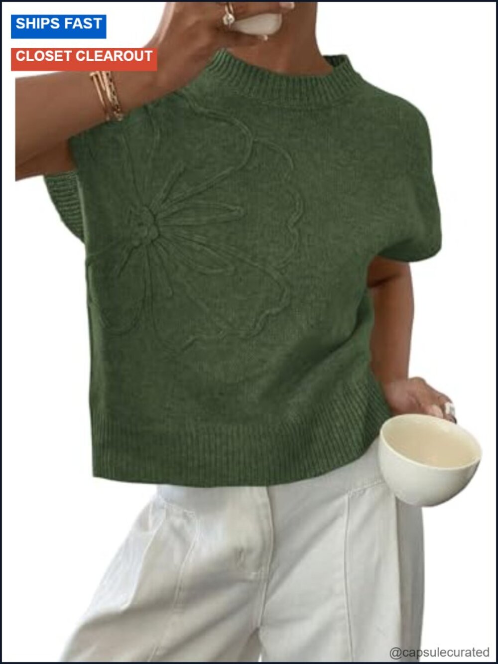 Women's Ribbed Knit Sweater Vest with 3D Flower, Cap Sleeve, Crewneck, Loose